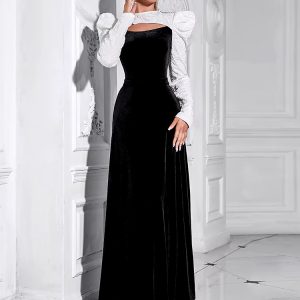 Elegant Patchwork O Neck Puff Sleeves Hollow Out