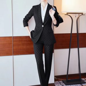 Elegant Plaid Notched Business Work Wear Jacket Blazer pencil pants Formal 2 Piece Pant Suit