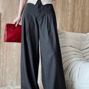 Elegant Pleated Long Wide Leg High Waist Pocket Trousers Pants