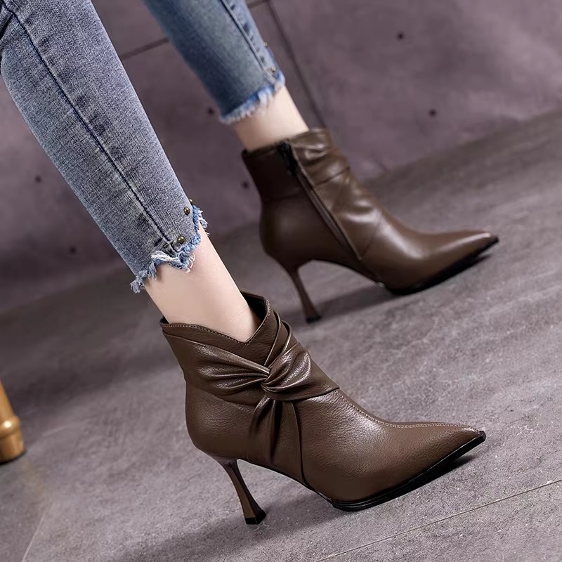 Elegant Pointed Toe Thin High Heels Slip On Pleated Ankle Boots - Image 3