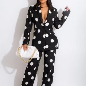 Elegant Polka Dot Print Blazer Coat Pants Suits Two Piece Set