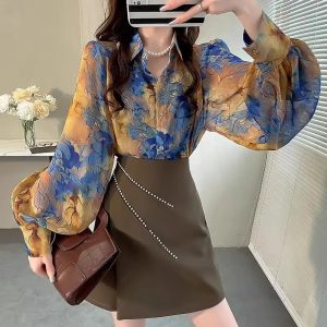 Elegant Polo Neck Long Sleeved Printed Loose Blouse