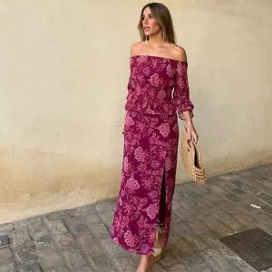 Elegant Print Slash Neck Strapless Backless Lantern Sleeve Tops High Waist Split Skirt Sets