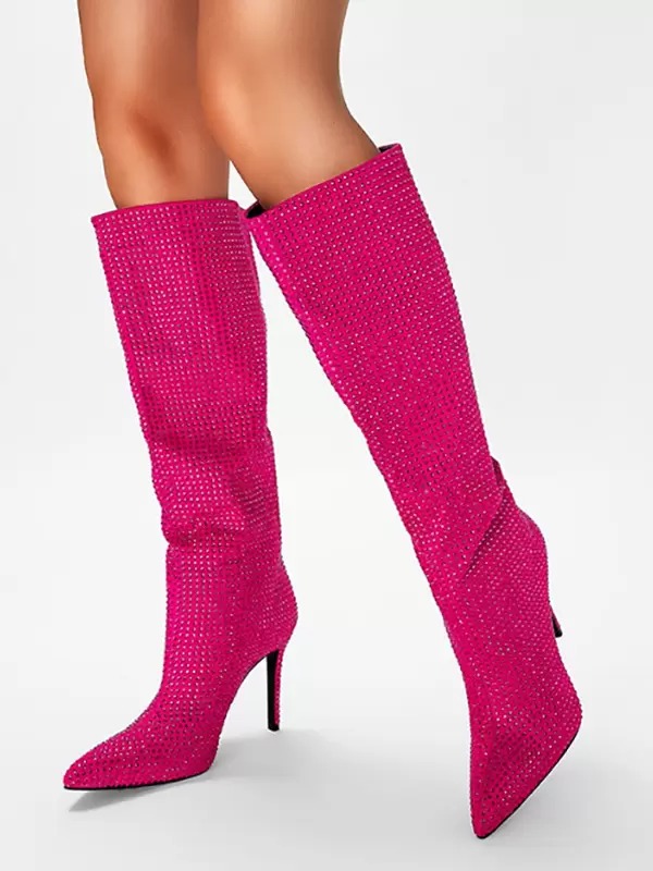 Elegant Rhinestones Knee High Pointed Toe High Heel Party Boots - Image 9