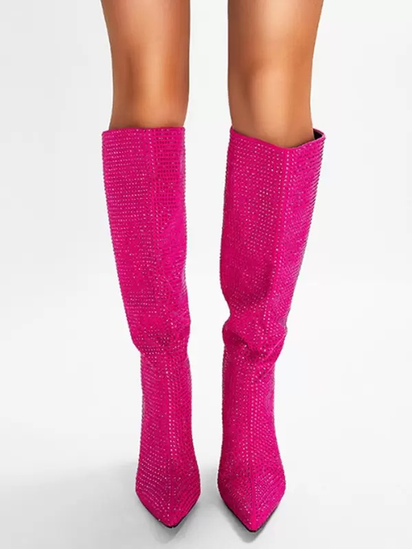 Elegant Rhinestones Knee High Pointed Toe High Heel Party Boots - Image 8