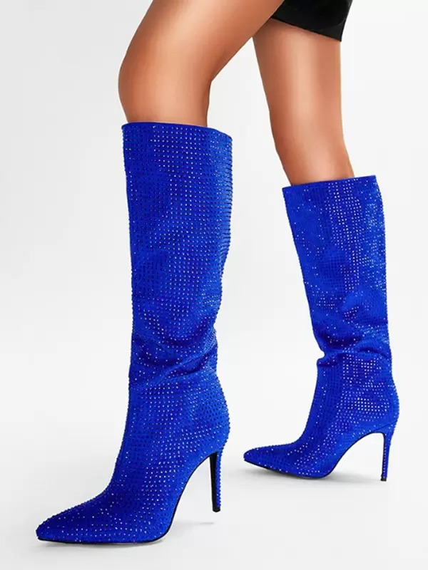 Elegant Rhinestones Knee High Pointed Toe High Heel Party Boots - Image 3