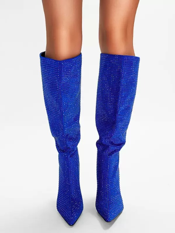 Elegant Rhinestones Knee High Pointed Toe High Heel Party Boots - Image 2
