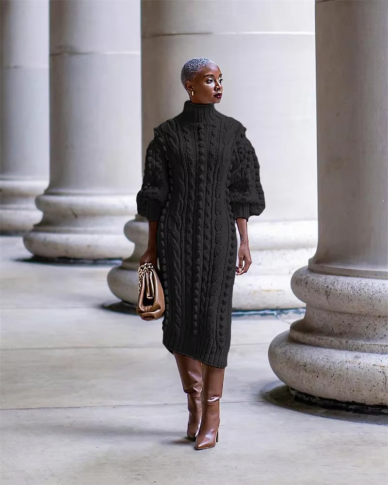 Elegant Ribbed Knitted Stretchy Turtleneck Sweater Midi Dress - Image 9
