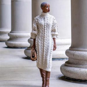 Elegant Ribbed Knitted Stretchy Turtleneck Sweater Midi Dress