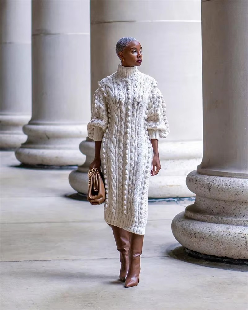 Elegant Ribbed Knitted Stretchy Turtleneck Sweater Midi Dress