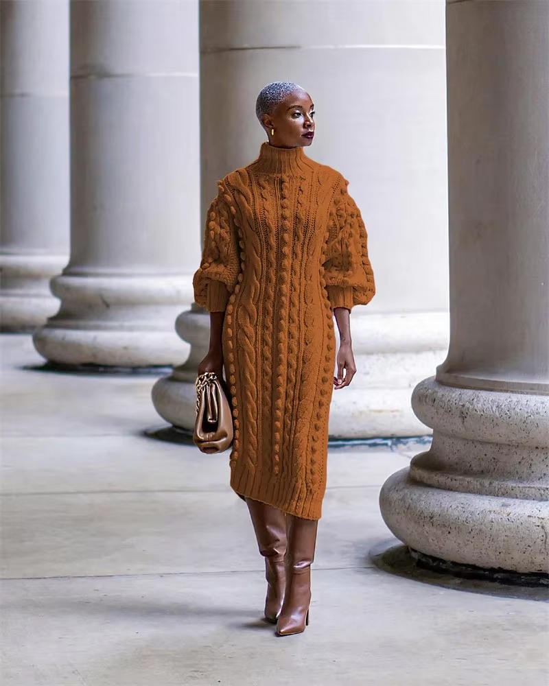 Elegant Ribbed Knitted Stretchy Turtleneck Sweater Midi Dress - Image 3