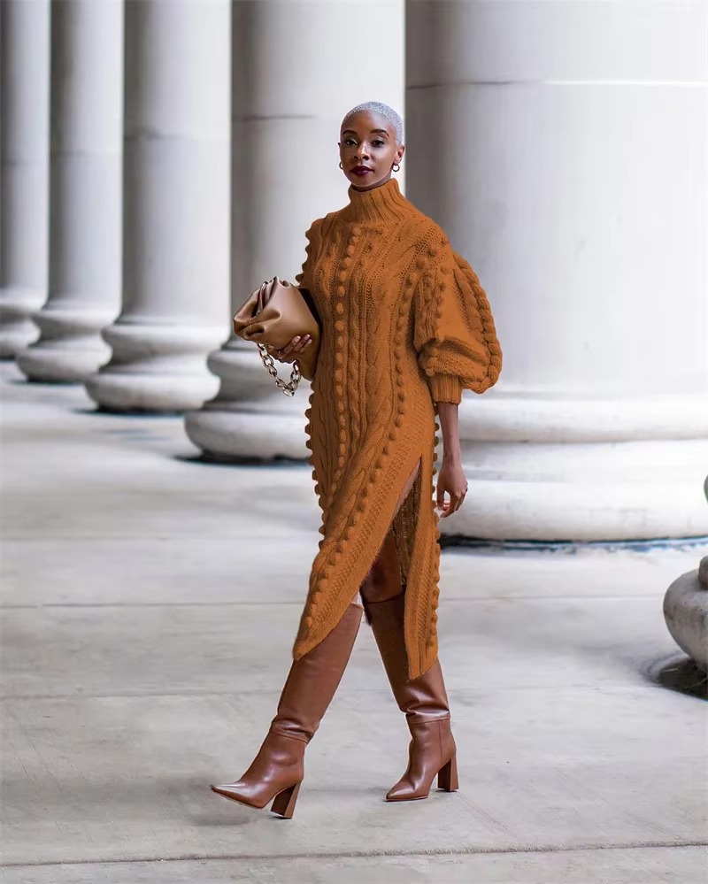 Elegant Ribbed Knitted Stretchy Turtleneck Sweater Midi Dress - Image 4