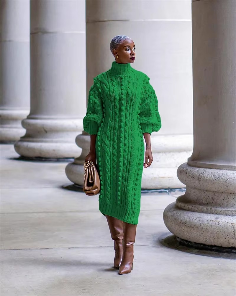 Elegant Ribbed Knitted Stretchy Turtleneck Sweater Midi Dress - Image 5