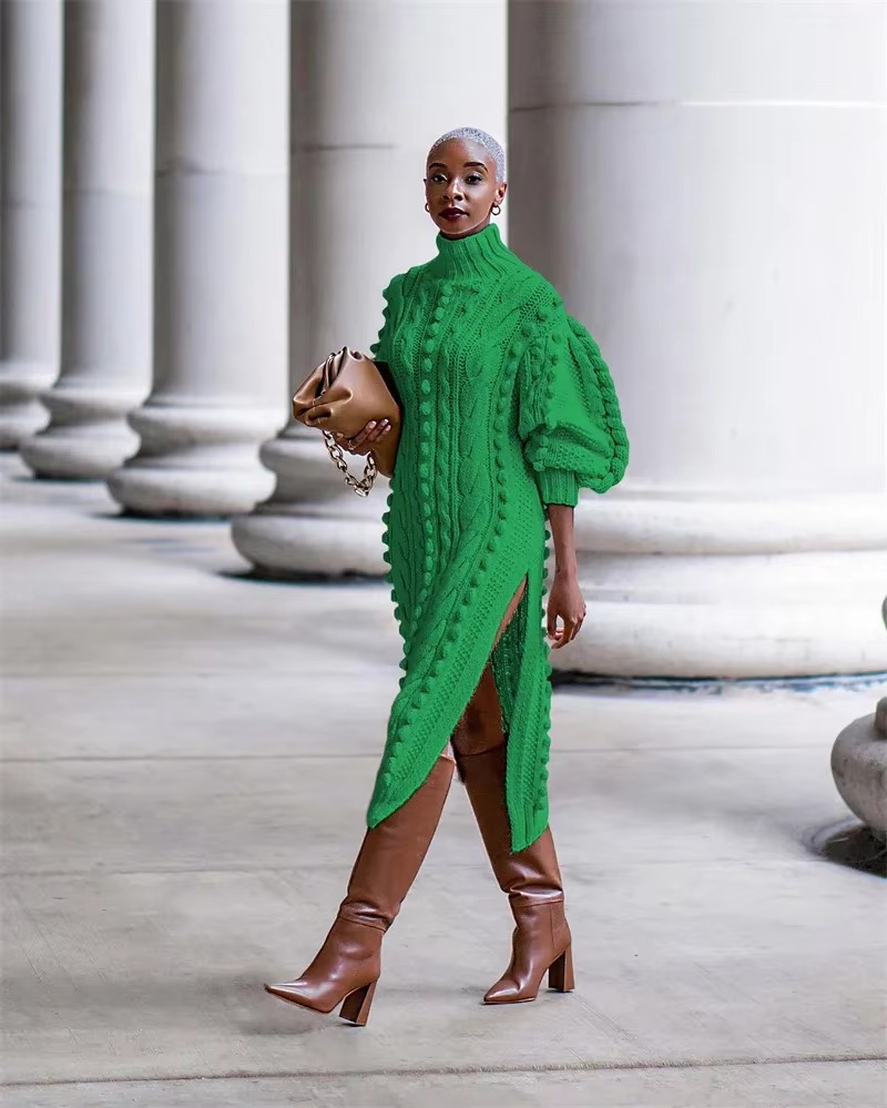 Elegant Ribbed Knitted Stretchy Turtleneck Sweater Midi Dress - Image 6