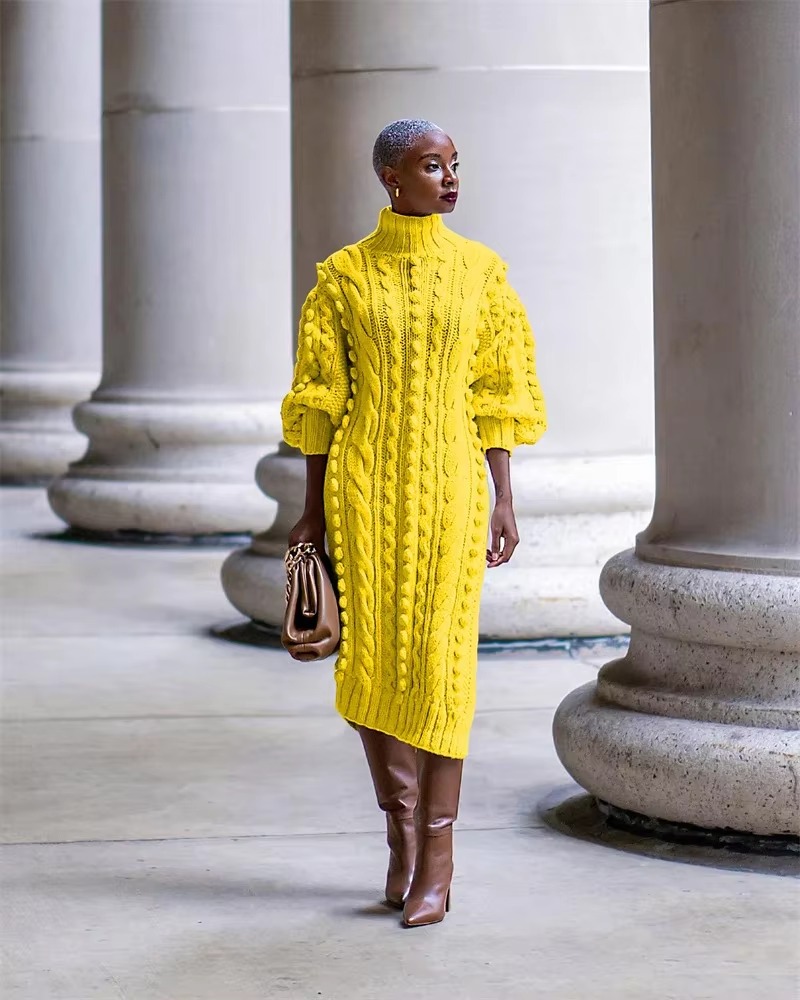 Elegant Ribbed Knitted Stretchy Turtleneck Sweater Midi Dress - Image 7