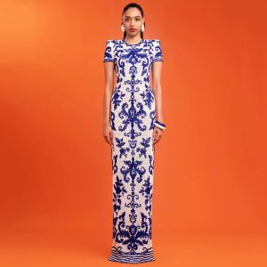 Elegant Round Neck Short Sleeve Printed Party Evening Bandage Dress