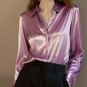 Elegant Satin Long Sleeved Slim Single Breasted Blouses Shirt
