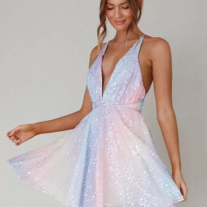 Elegant Sequined Halter Glitter Short Swing Mini Dress