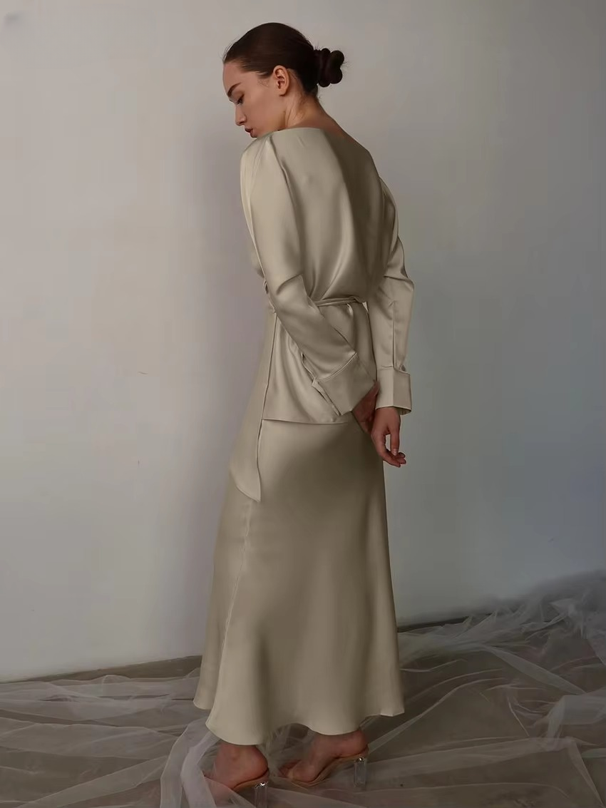 Elegant Shirt With High Waist Long Skirt Two Pieces Set - Image 3