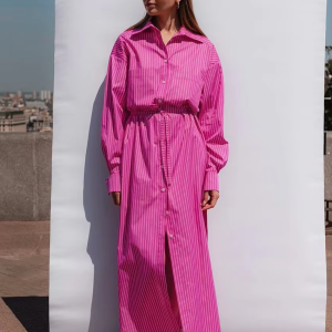 Casual Shirt With High Waist Slit Long Skirt Loose Stripe Two Pieces Set