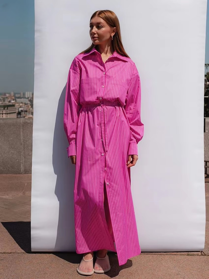 Casual Shirt With High Waist Slit Long Skirt Loose Stripe Two Pieces Set