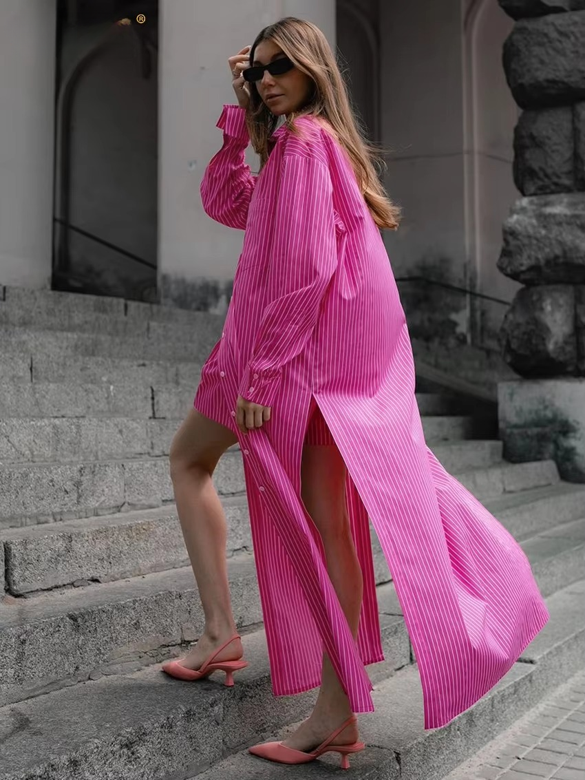 Casual Shirt With High Waist Slit Long Skirt Loose Stripe Two Pieces Set - Image 2