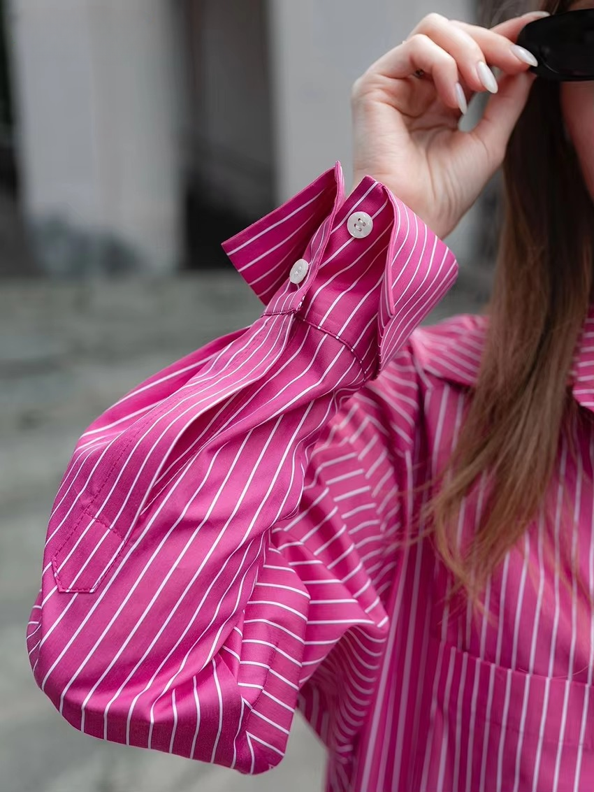 Casual Shirt With High Waist Slit Long Skirt Loose Stripe Two Pieces Set - Image 4