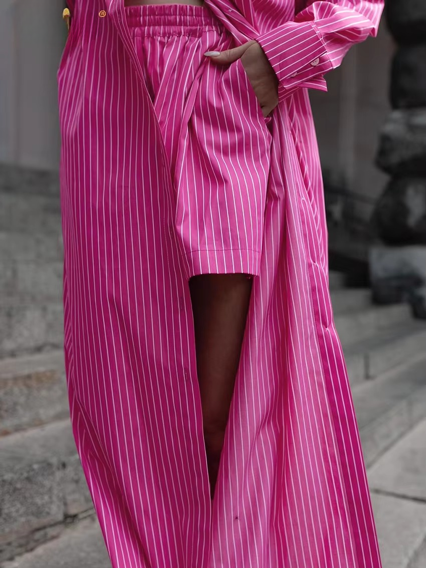 Casual Shirt With High Waist Slit Long Skirt Loose Stripe Two Pieces Set - Image 3