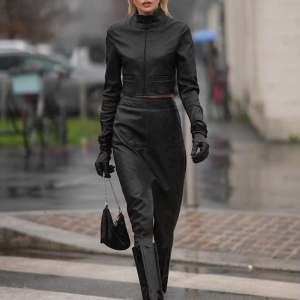 Elegant Shirt With High Waist Midi Skirt Pu Leather 2 Pieces Set