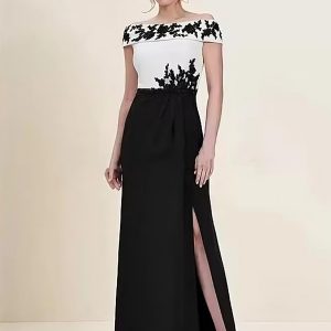 Elegant Side Split Bateau Neck Applique Zipper Back Wedding Guest Long Mother of the Bride Dresses