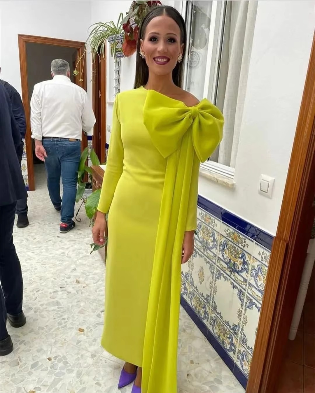 Elegant Simple Bow Sheath One Shoulder Front Split Long Wedding Guest Party Mother of the Bride Dresses - Image 3