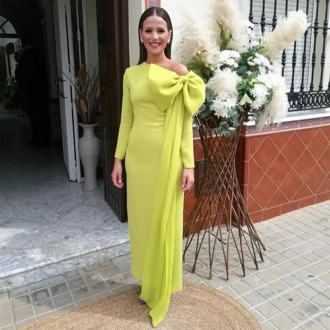 Elegant Simple Bow Sheath One Shoulder Front Split Long Wedding Guest Party Mother of the Bride Dresses - Image 2