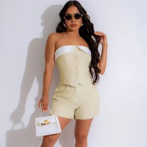 Elegant Single-Breasted Strapless Top and Shorts Two Piece Set