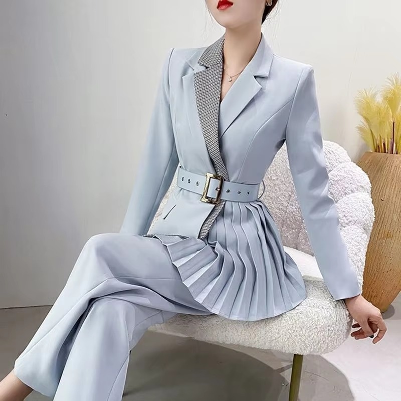Elegant Single Button Pants And Blazer With Belt 2 Pieces Set