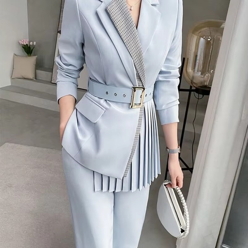 Elegant Single Button Pants And Blazer With Belt 2 Pieces Set - Image 4