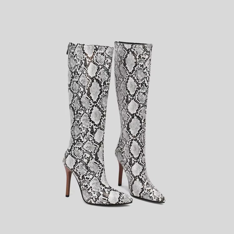 Elegant Snakeskin Print with Zipper Pointy Toe Short Plush Knee High Long Boots - Image 3