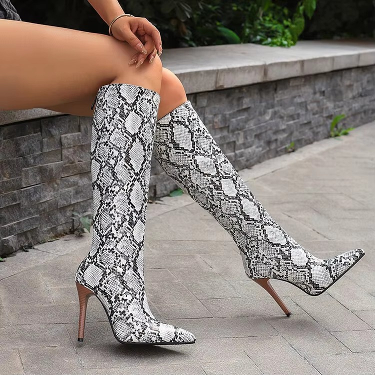 Elegant Snakeskin Print with Zipper Pointy Toe Short Plush Knee High Long Boots