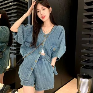 Elegant Solid Color Loose Coat Top Wide Leg Short Pants Two-piece Set