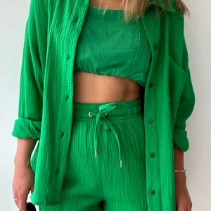 Elegant Solid Full Sleeves Beach Outfit Two Piece Suit Short Sets