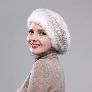 Elegant Solid  Fur Knitted Warm Natural Mink Fur Beanies outdoor Hat