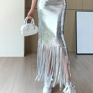 Elegant Solid Sequins Shining Tassels High Waist Half-body Skirt