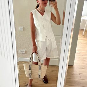 Elegant Solid V-Neck Single Breasted Chic Vest Shorts Suit 2 Piece Sets59..jpg__11zon