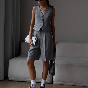 Elegant Solid V-Neck Single Breasted Chic Vest Shorts Suit 2 Piece Sets