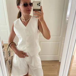 Elegant Solid V-Neck Single Breasted Chic Vest Shorts Suit 2 Piece Sets63..jpg__11zon