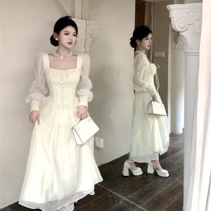 Elegant Square Collar A-line Lace Princess Party Dress One Piece