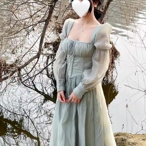 Elegant Square Collar A-line Lace Princess Party Dress One Piece1_11zon