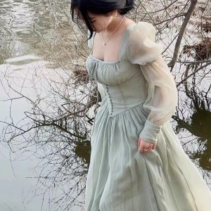 Elegant Square Collar A-line Lace Princess Party Dress One Piece3_11zon