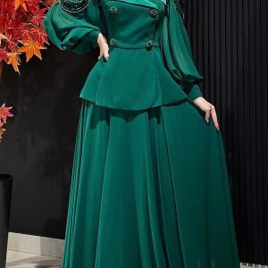 Elegant Square Neck Mesh Puff Sleeves Tops and High Waisted Pleated Skirt