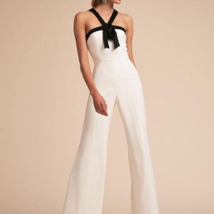 Elegant Straps Two Tone Backless Long Wide Leg Jumpsuit
