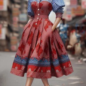 Elegant Striped Floral Patchwork Turndown Collar Shirt Midi Dress